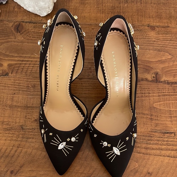 Charlotte Olympia Black Beaded/Diamond Pumps with gold.  Never worn. - Picture 2 of 7